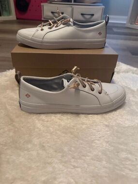 Sperry Casual White Women's Lace-Up Sneakers with Rose Gold Accents